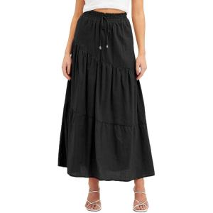imageIDEALSANXUN Linen Skirts for Women Spring Summer A Line Elastic High Waisted Casual Drawstring Flowy Tiered Midi SkirtBlack