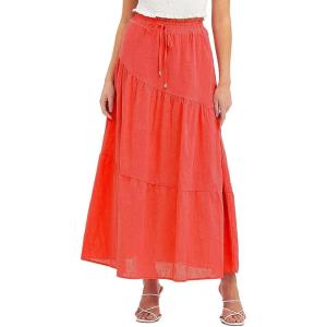 imageIDEALSANXUN Linen Skirts for Women Spring Summer A Line Elastic High Waisted Casual Drawstring Flowy Tiered Midi SkirtOrange
