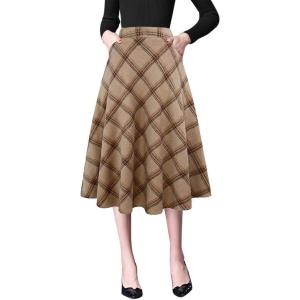 imageIDEALSANXUN Plaid Skirts for Womens Fall Winter High Waist Aline Pleated Midi SkirtsKhaki