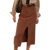 imageIDEALSANXUN Womens Corduroy Skirt Fall Winter High Waisted Bodycon Midi Pencil Skirt with Front SlitBrown