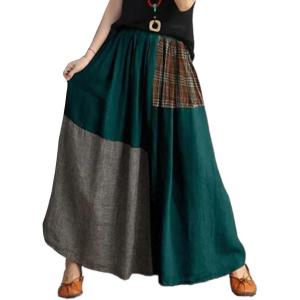 imageIDEALSANXUN Linen Skirts for Women Spring Summer A Line Casual Elastic High Waisted Color Block Plaid Patchwork Midi SkirtGreen
