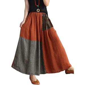 imageIDEALSANXUN Linen Skirts for Women Spring Summer A Line Casual Elastic High Waisted Color Block Plaid Patchwork Midi SkirtRed