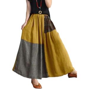 imageIDEALSANXUN Linen Skirts for Women Spring Summer A Line Casual Elastic High Waisted Color Block Plaid Patchwork Midi SkirtYellow