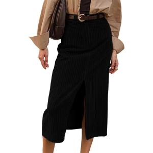 imageIDEALSANXUN Womens Corduroy Skirt Fall Winter High Waisted Bodycon Midi Pencil Skirt with Front SlitBlack