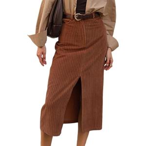 imageIDEALSANXUN Womens Corduroy Skirt Fall Winter High Waisted Bodycon Midi Pencil Skirt with Front SlitBrown