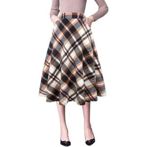 imageIDEALSANXUN Plaid Skirts for Womens Fall Winter High Waist Aline Pleated Midi SkirtsBrown Navy