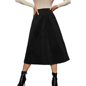imageIDEALSANXUN Womens Corduroy Skirt Fall Winter High Waisted A Line Midi SkirtBlack