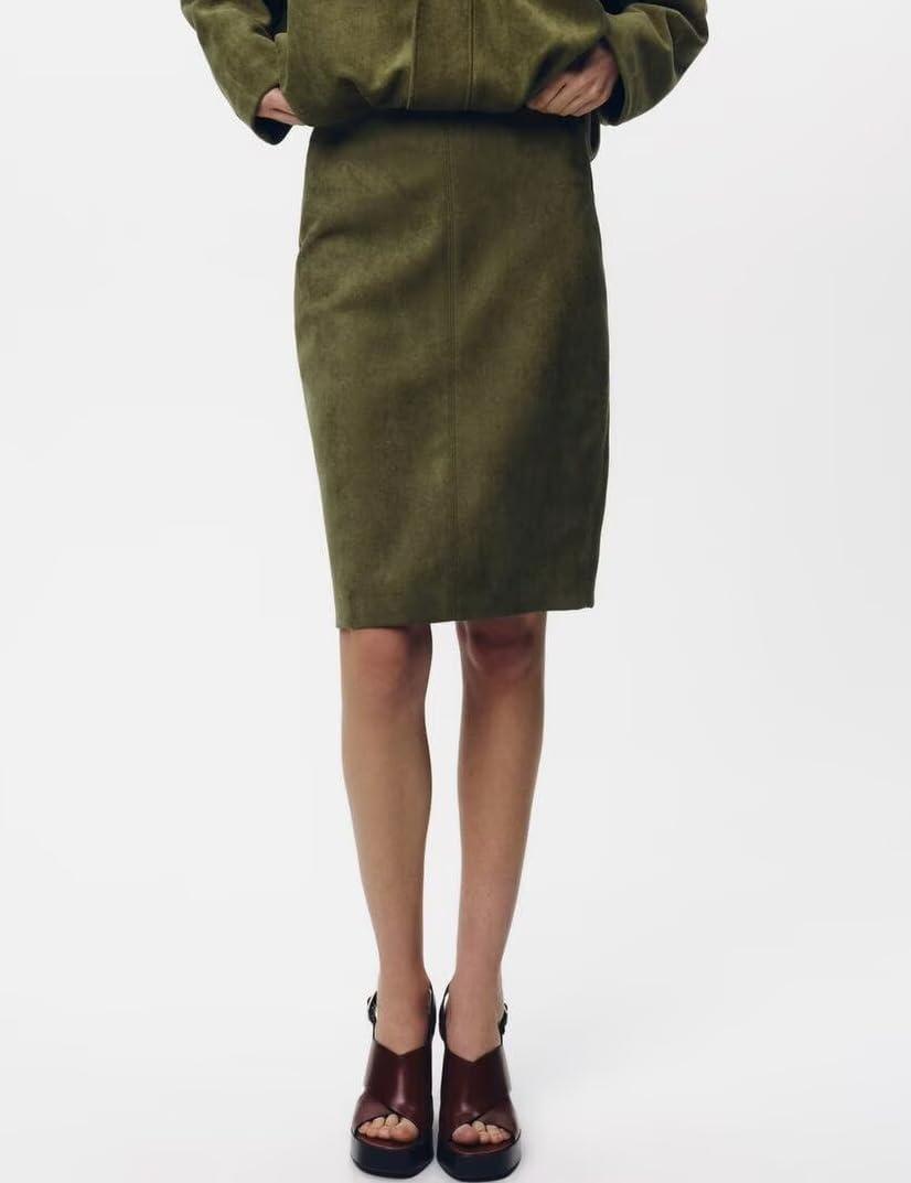 imageIDEALSANXUN Womens Suede Skirt Fall Winter High Waisted Knee Length Pencil SkirtArmy