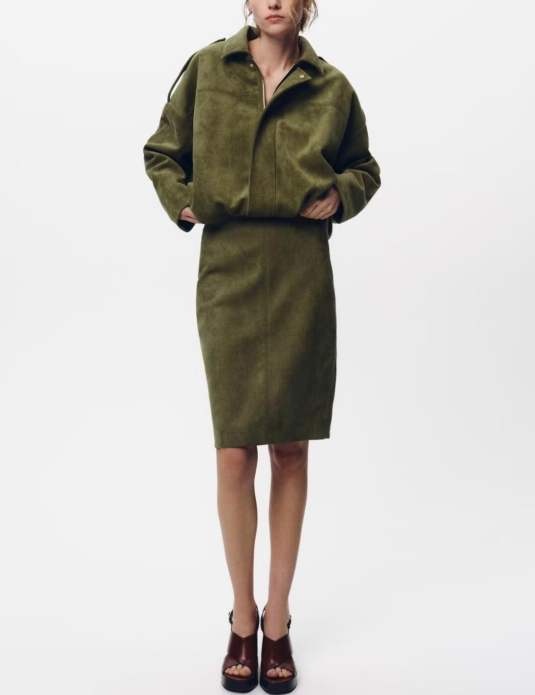 imageIDEALSANXUN Womens Suede Skirt Fall Winter High Waisted Knee Length Pencil SkirtArmy