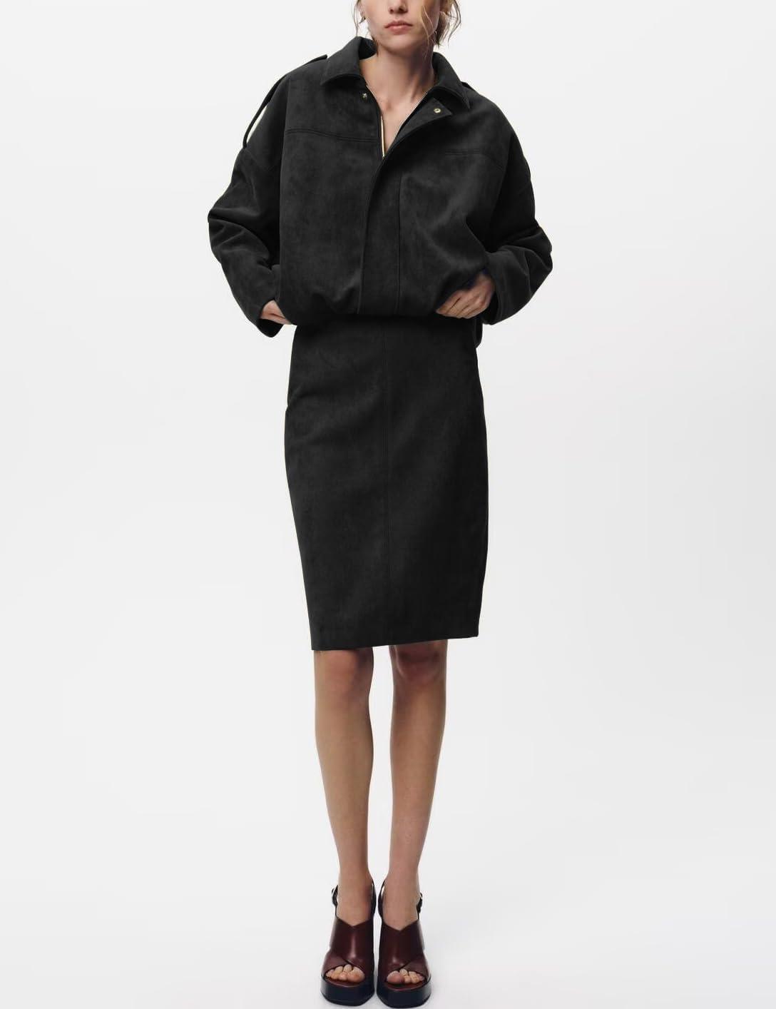 imageIDEALSANXUN Womens Suede Skirt Fall Winter High Waisted Knee Length Pencil SkirtBlack