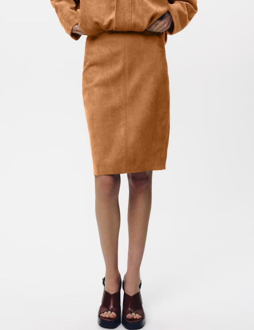 imageIDEALSANXUN Womens Suede Skirt Fall Winter High Waisted Knee Length Pencil SkirtBrown