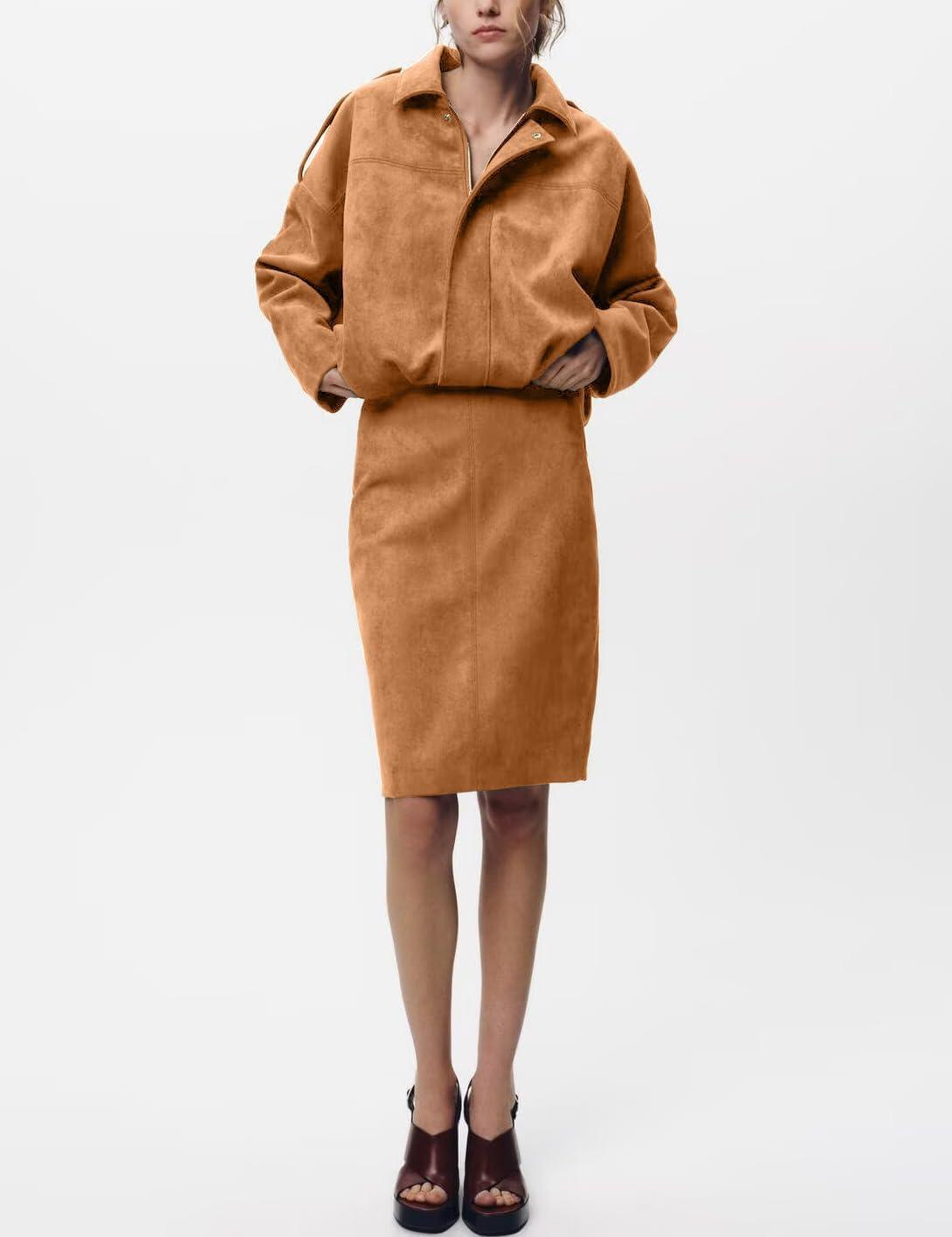 imageIDEALSANXUN Womens Suede Skirt Fall Winter High Waisted Knee Length Pencil SkirtBrown