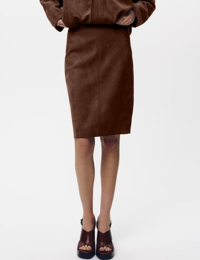 imageIDEALSANXUN Womens Suede Skirt Fall Winter High Waisted Knee Length Pencil SkirtCoffee