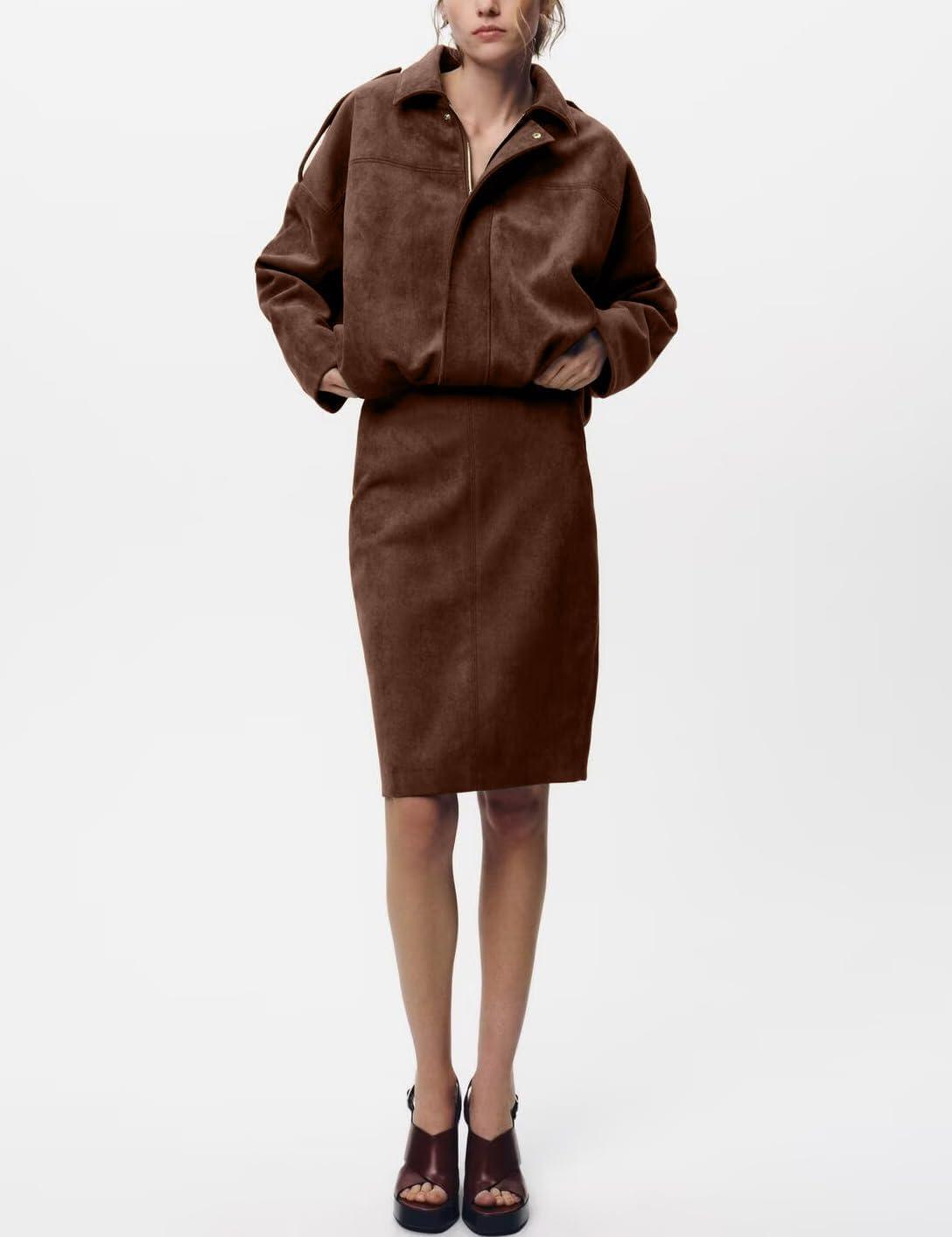 imageIDEALSANXUN Womens Suede Skirt Fall Winter High Waisted Knee Length Pencil SkirtCoffee