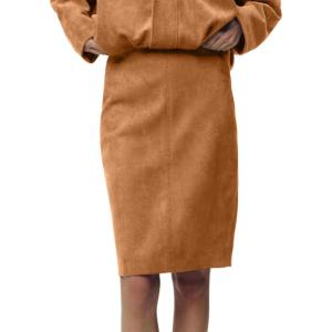 imageIDEALSANXUN Womens Suede Skirt Fall Winter High Waisted Knee Length Pencil SkirtBrown