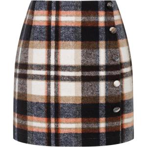 imageIDEALSANXUN Womens Wool Plaid Skirt Fall Winter High Waisted Button Pencil Mini SkirtBrown
