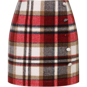 imageIDEALSANXUN Womens Wool Plaid Skirt Fall Winter High Waisted Button Pencil Mini SkirtWine
