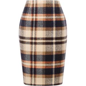 imagePlaid Pencil Skirts for Women Fall Winter High Waisted Bodycon Midi Wool Knee Length Skirt with SlitBrown 01 XXL