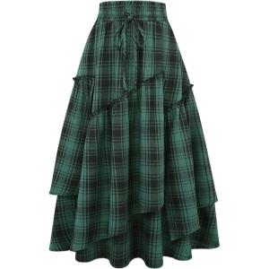 imageIDEALSANXUN Womens Long Plaid Skirts High Waisted A Line Renaissance Maxi Skirt with PocketsGreen 02