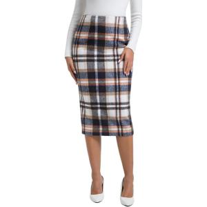 imageIDEALSANXUN Womens Midi Plaid Skirt Fall Winter High Waisted Pencil Skirt with Back SlitBrown