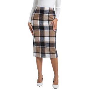 imageIDEALSANXUN Womens Midi Plaid Skirt Fall Winter High Waisted Pencil Skirt with Back SlitBrown New