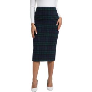 imageIDEALSANXUN Womens Midi Plaid Skirt Fall Winter High Waisted Pencil Skirt with Back SlitGreen