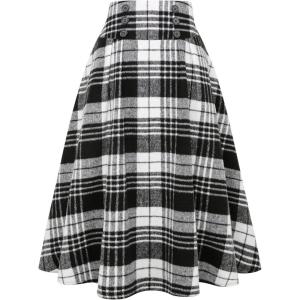 imageIDEALSANXUN Womens Plaid Skirts Fall Winter High Waisted Button Down A Line Pleated Midi Skirt with PocketsBlackwhite