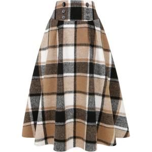imageIDEALSANXUN Womens Plaid Skirts Fall Winter High Waisted Button Down A Line Pleated Midi Skirt with PocketsBrown New
