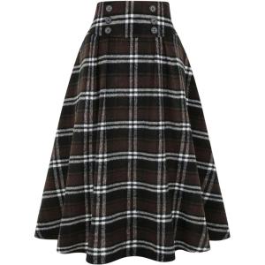 imageIDEALSANXUN Womens Plaid Skirts Fall Winter High Waisted Button Down A Line Pleated Midi Skirt with PocketsCoffee