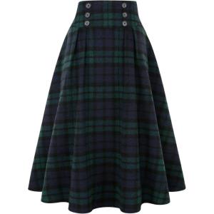 imageIDEALSANXUN Womens Plaid Skirts Fall Winter High Waisted Button Down A Line Pleated Midi Skirt with PocketsGreen