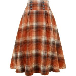 imageIDEALSANXUN Womens Plaid Skirts Fall Winter High Waisted Button Down A Line Pleated Midi Skirt with PocketsOrange