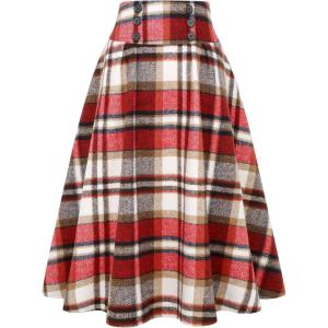 imageIDEALSANXUN Womens Plaid Skirts Fall Winter High Waisted Button Down A Line Pleated Midi Skirt with PocketsWine