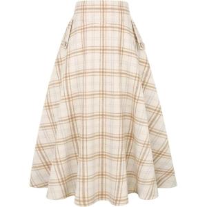 imageIDEALSANXUN Womens Fall Winter High Waisted Wool Plaid Aline Long SkirtPlaid Beige