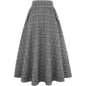 imageIDEALSANXUN Womens Fall Winter High Waisted Wool Plaid Aline Long SkirtPlaid Grid Black