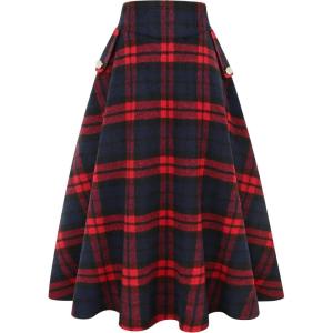 imageIDEALSANXUN Womens Fall Winter High Waisted Wool Plaid Aline Long SkirtPlaid Red