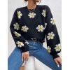 imageWomens Daisy Sweater Fall Winter Long Sleeve Pullover Loose Fit Flower Knit Sweater TopsBlack