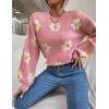 imageWomens Daisy Sweater Fall Winter Long Sleeve Pullover Loose Fit Flower Knit Sweater TopsPink