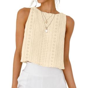 imageIDEALSANXUN Eyelet Tank Tops for Women Spring Summer Cute Cropped Sleeveless Shirts BlousesBeige