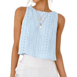imageIDEALSANXUN Eyelet Tank Tops for Women Spring Summer Cute Cropped Sleeveless Shirts BlousesBlue
