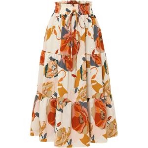 imageIDEALSANXUN Floral Skirts for Women Trendy Spring Summer Casual Flowy A Line Tiered Elastic High Waisted Boho Midi SkirtBeige