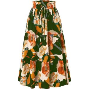 imageIDEALSANXUN Floral Skirts for Women Trendy Spring Summer Casual Flowy A Line Tiered Elastic High Waisted Boho Midi SkirtGreen