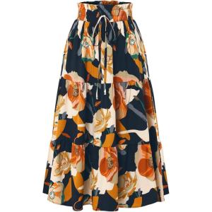 imageIDEALSANXUN Floral Skirts for Women Trendy Spring Summer Casual Flowy A Line Tiered Elastic High Waisted Boho Midi SkirtNavy