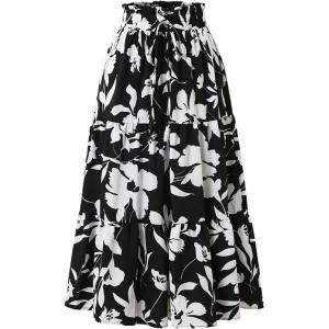 imageIDEALSANXUN Floral Skirts for Women Trendy Spring Summer Flowy A Line Elastic High Waisted Tiered Flower Boho Midi SkirtBlack
