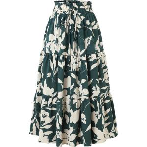 imageIDEALSANXUN Floral Skirts for Women Trendy Spring Summer Flowy A Line Elastic High Waisted Tiered Flower Boho Midi SkirtGreen