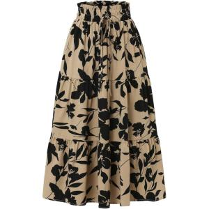 imageIDEALSANXUN Floral Skirts for Women Trendy Spring Summer Flowy A Line Elastic High Waisted Tiered Flower Boho Midi SkirtKhaki
