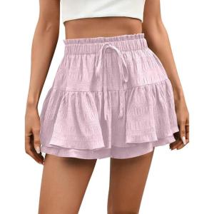 imageIDEALSANXUN Flowy Shorts for Women Spring Summer Ruffle Tiered Skorts Elastic High Waist Drawstring Golf Tennis Mini SkirtPink