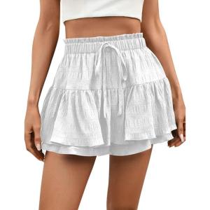 imageIDEALSANXUN Flowy Shorts for Women Spring Summer Ruffle Tiered Skorts Elastic High Waist Drawstring Golf Tennis Mini SkirtWhite