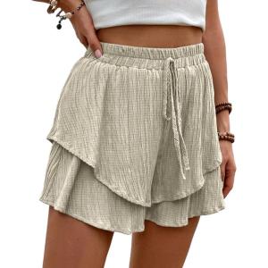 imageIDEALSANXUN Flowy Shorts for Women Spring Summer Ruffle Tiered Skorts Elastic High Waisted Casual Golf Tennis Mini SkirtBeige