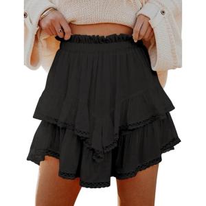 imageIDEALSANXUN Flowy Shorts for Women Spring Summer Tiered Skorts Elastic High Waist Ruffle Golf Tennis Beach Mini SkirtBlack