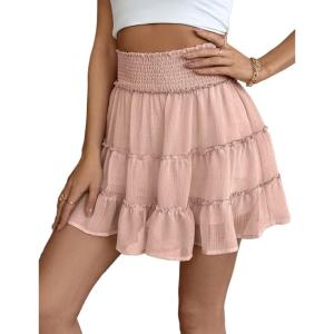 imageIDEALSANXUN Flowy Shorts for Women Spring Summer Tiered Skorts Elastic High Waisted A Line Pleated Cute Ruffle Mini SkirtPink